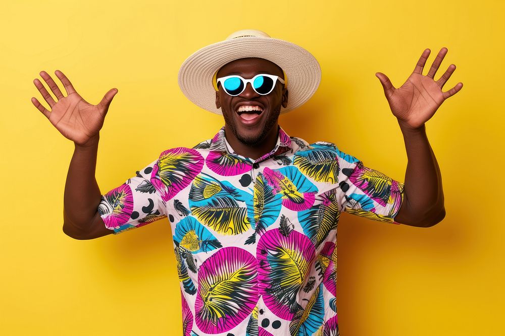 Cool young black man with fashionable clothing style full body on colored background laughing fun individuality.