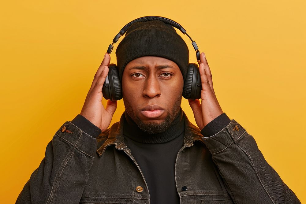 Cool young black man with fashionable clothing style full body on colored background headphones portrait headset.