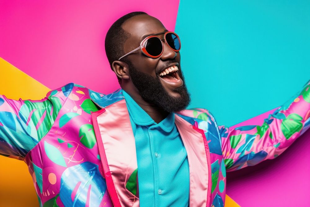 Cool young black man with fashionable clothing style full body on colored background adult fun sunglasses.