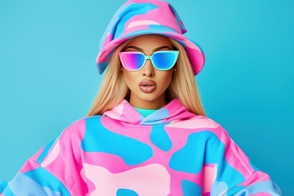 Cool young black woman with fashionable clothing style full body on colored background glasses adult fun.