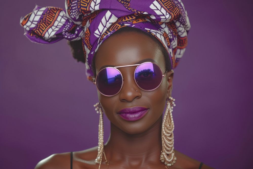 Cool young black woman with fashionable clothing style full body on colored background sunglasses necklace portrait.