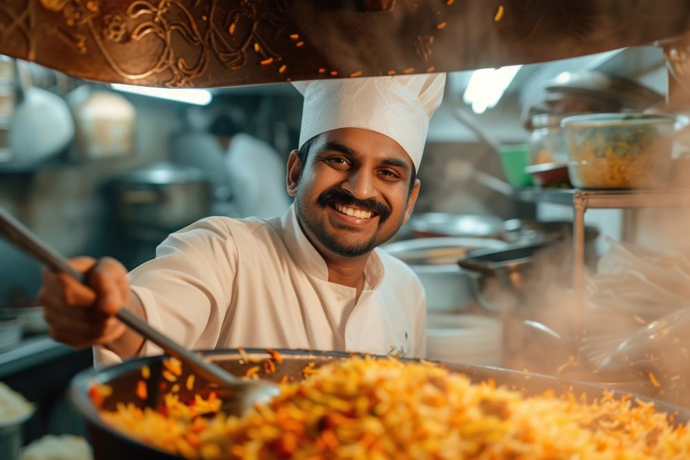 Indian chef cooking food smiling adult.