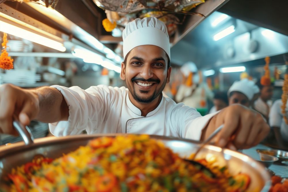 Indian chef cooking food smiling adult.