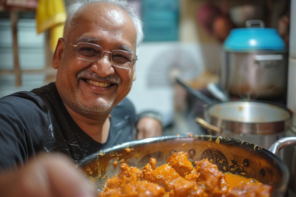 Indian father cooking food glasses smiling.
