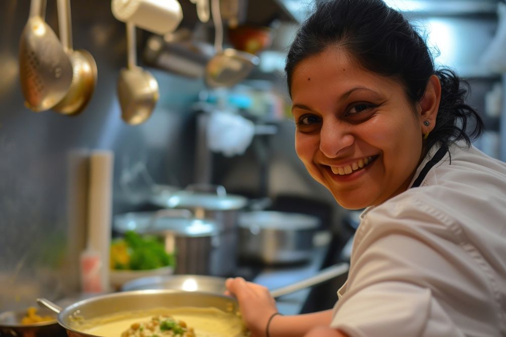 Indian female chef smiling cooking adult.