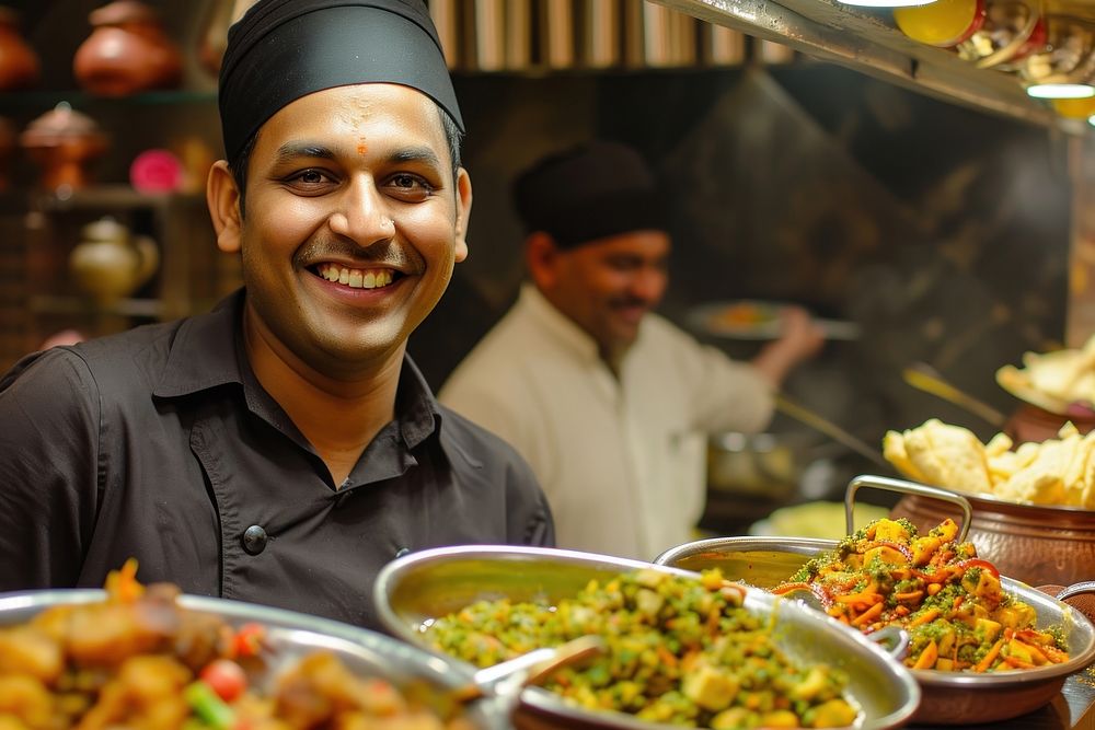 Indian waiter serving food restaurant smiling.