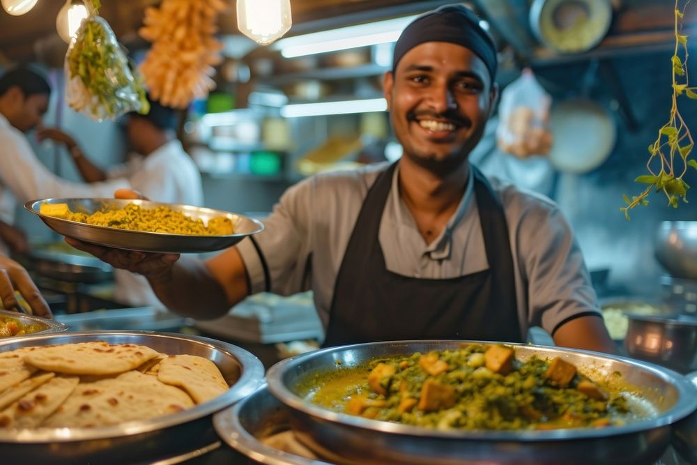 Indian waiter serving food smiling adult.