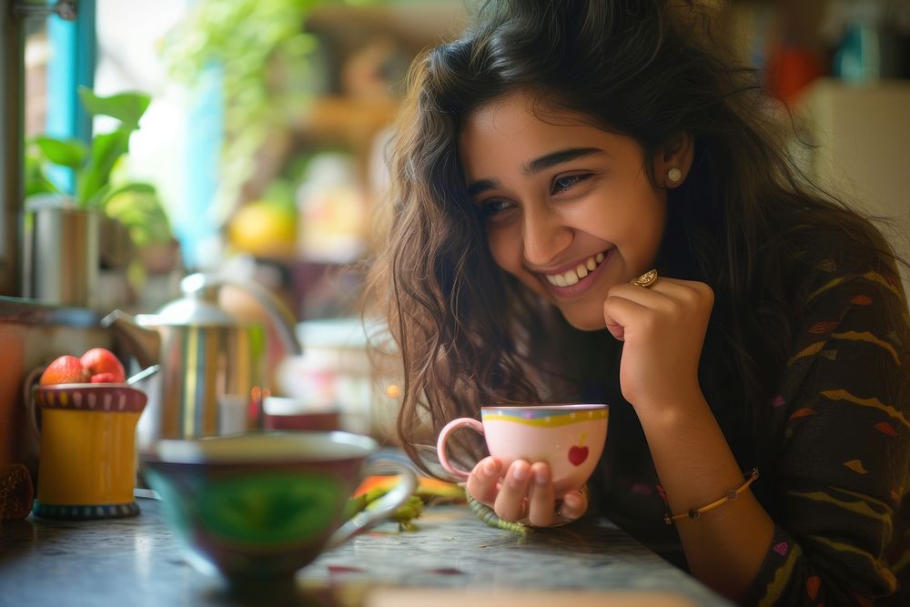 Indian girl making smiling coffee smile.