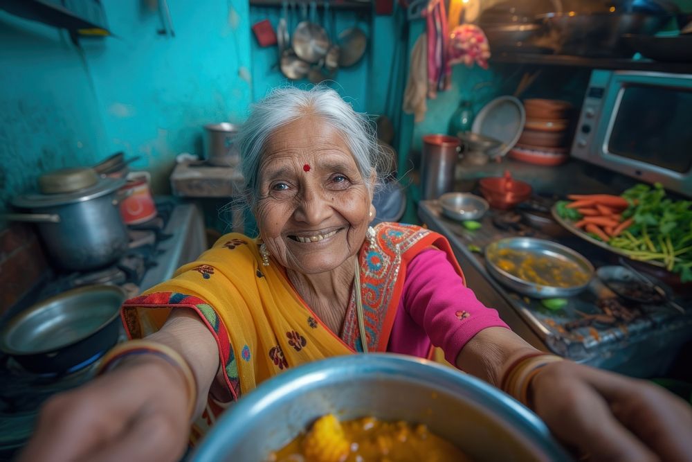 Indian grandmother cooking food smiling happiness.