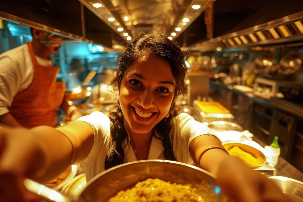 Indian hotel waitress serving food smiling adult.