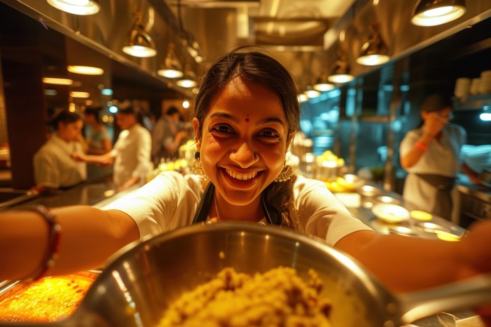 Indian hotel waitress serving smiling adult food.