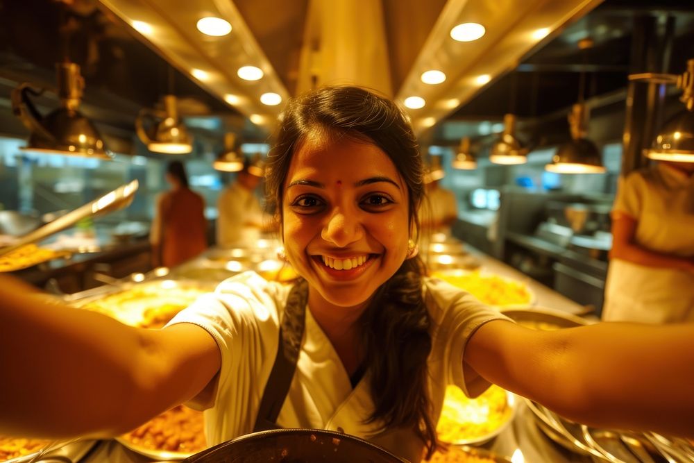 Indian hotel waitress serving selfie food restaurant.
