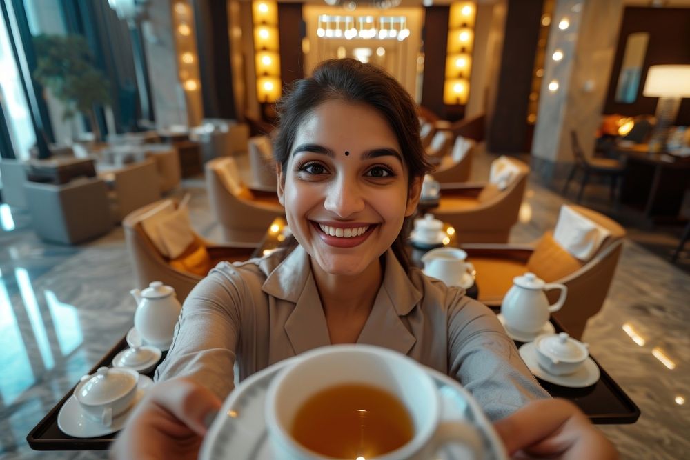 Indian hotel waitress serving smiling luxury coffee.