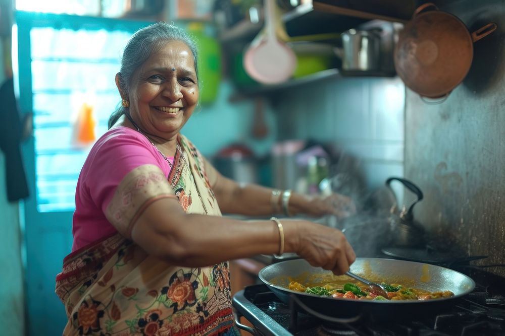 Indian mother cooking food kitchen smiling.