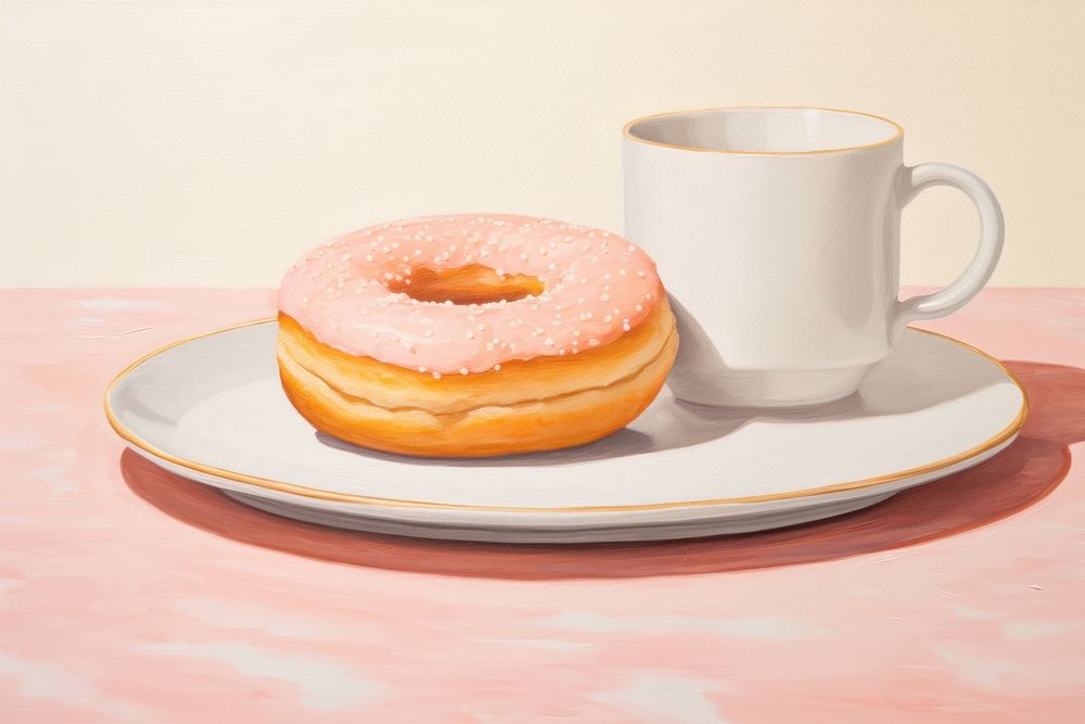  Donut on dish painting saucer food. AI generated Image by rawpixel.