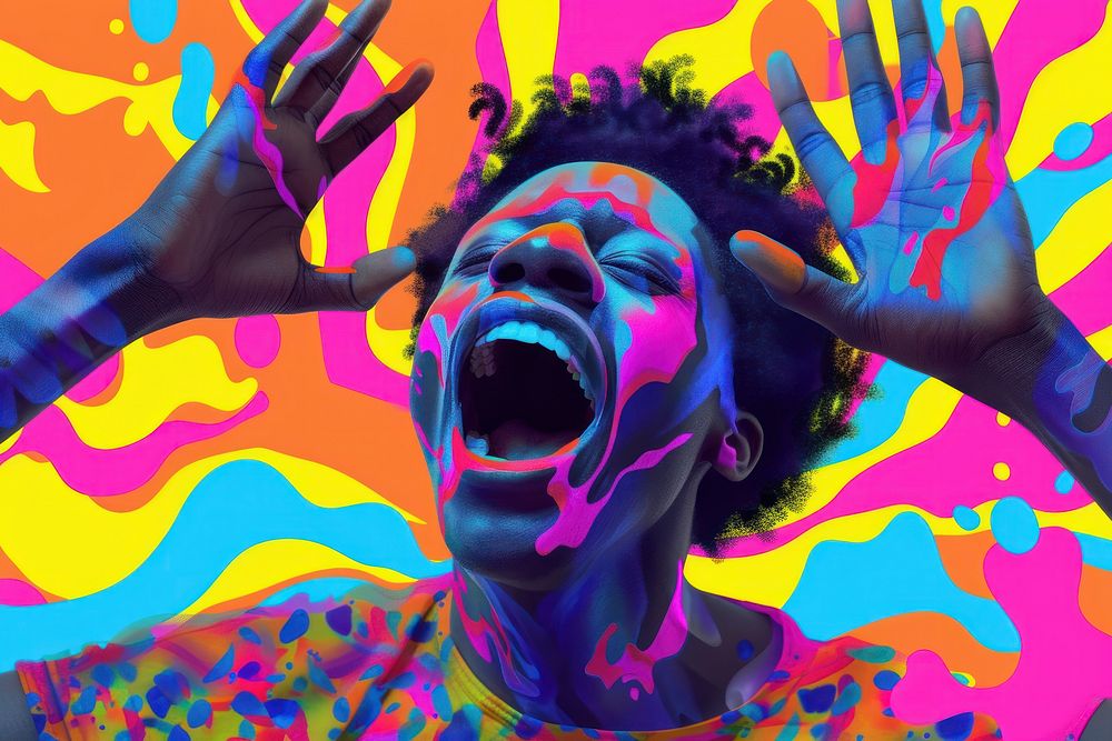 Black person exuberant purple art.