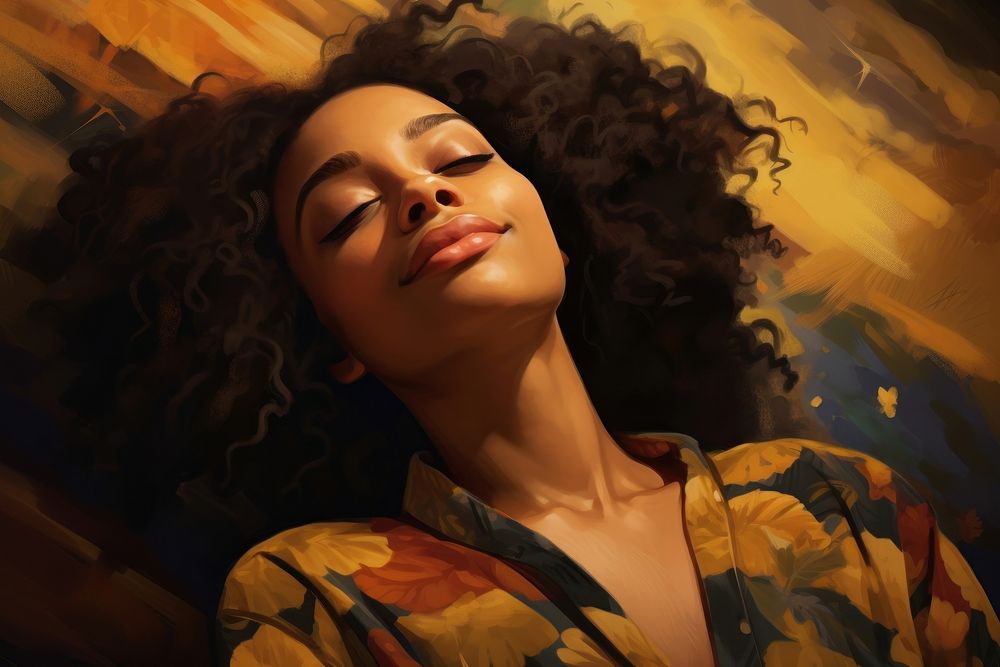 Grateful expression black woman painting portrait.