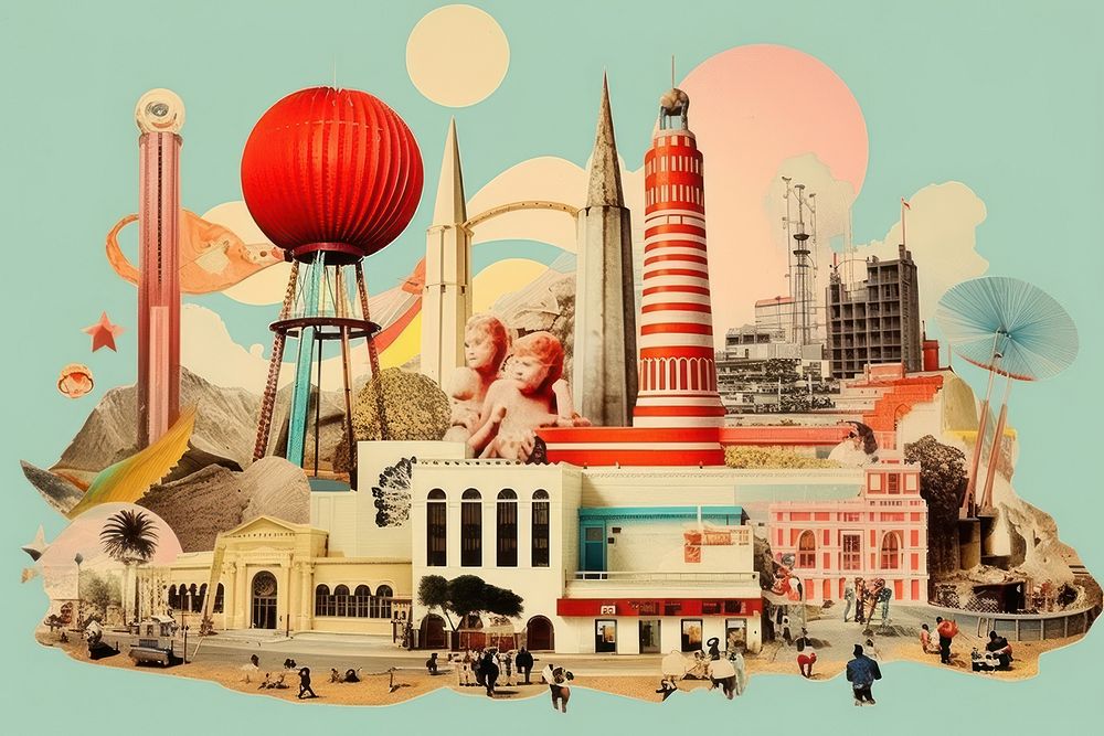 Collage Retro Amusement park art architecture city.