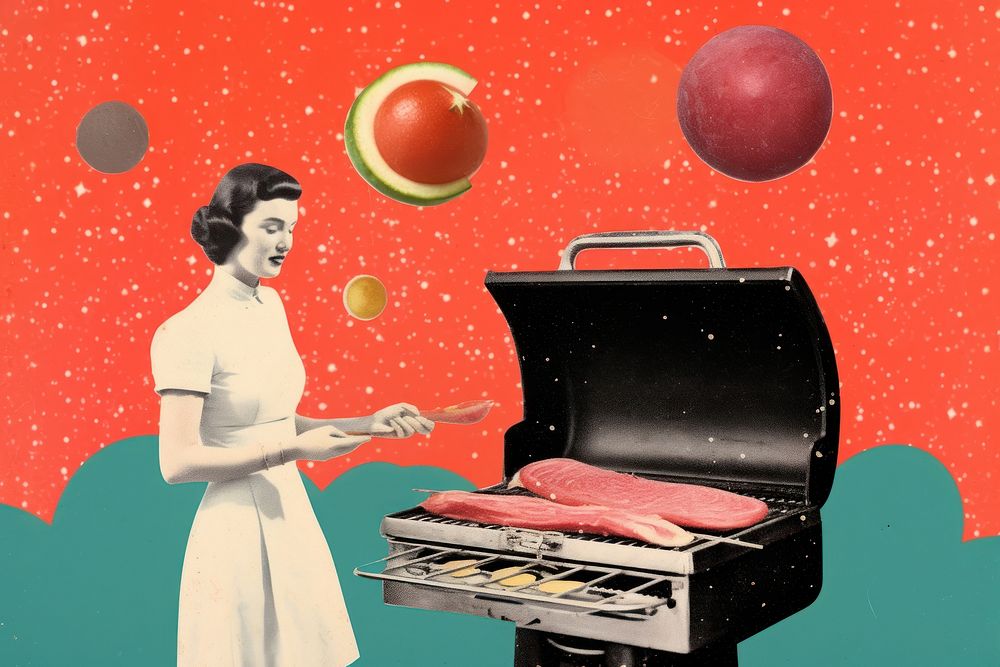 Collage Retro galaxy barbeque cooking adult food standing.