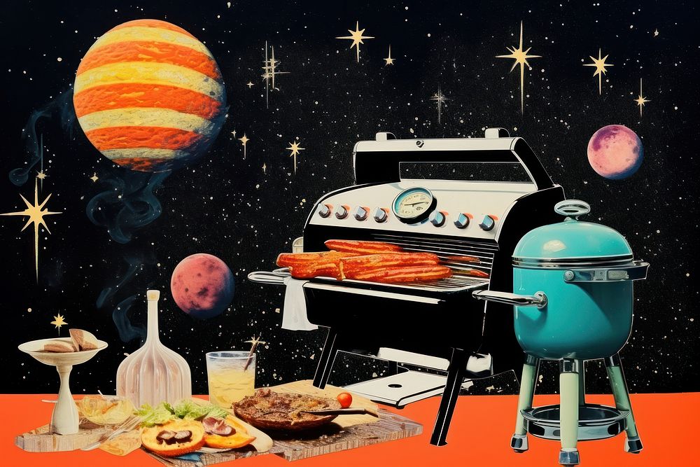 Collage Retro galaxy barbeque cooking astronomy night space.