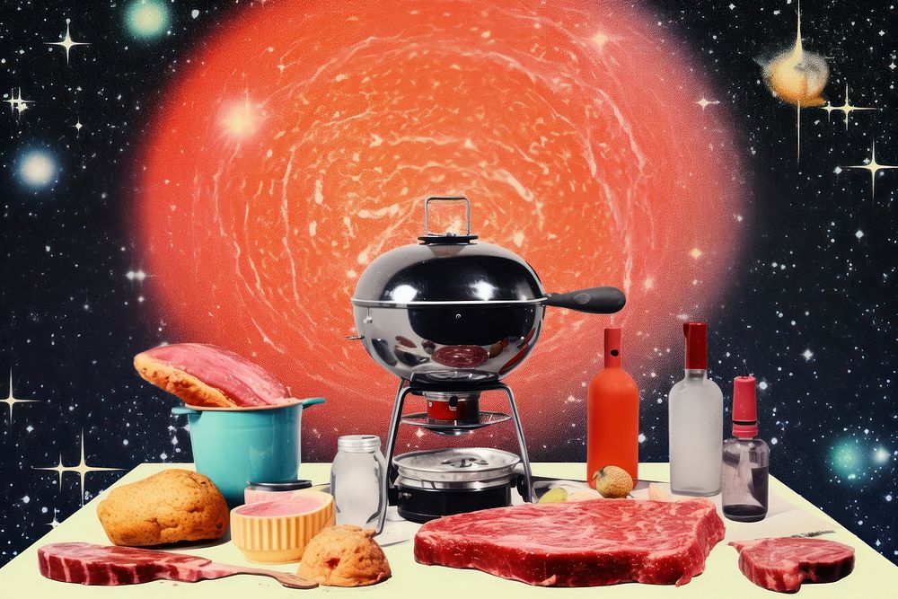 Collage Retro galaxy barbeque cooking astronomy meat food.