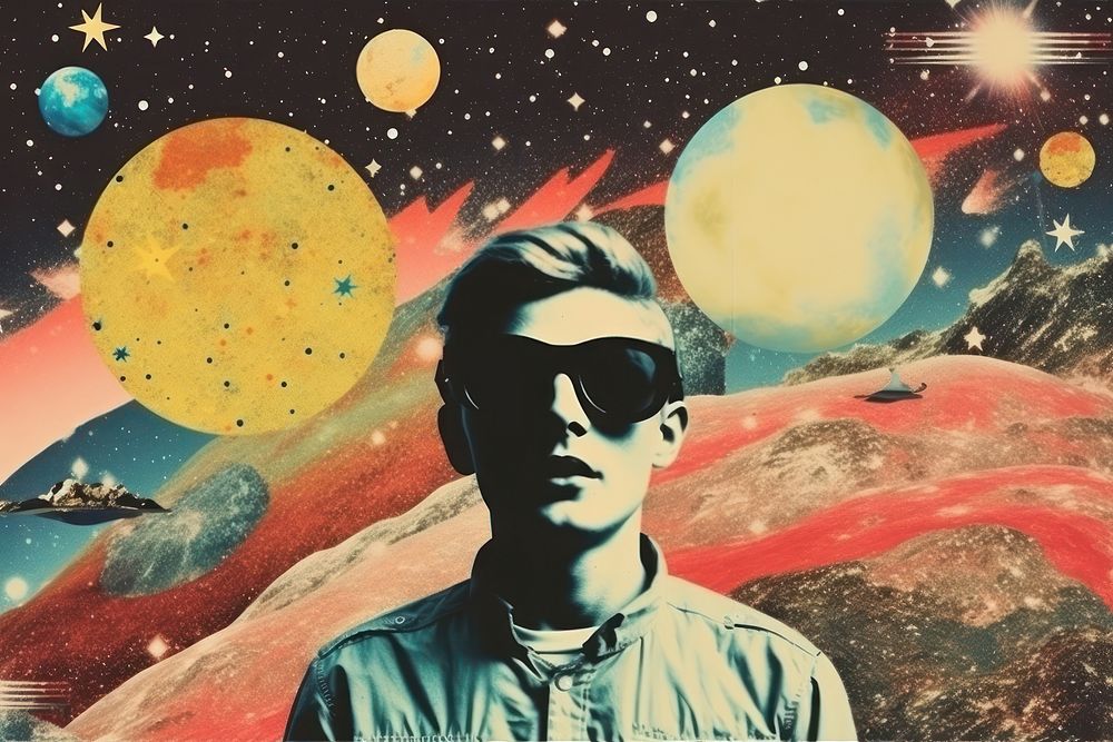 Collage Retro Galaxy boy scout camping art sunglasses astronomy.