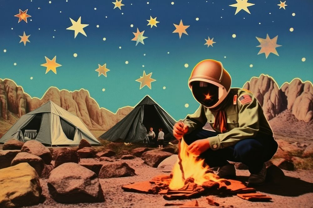 Collage Retro Galaxy boy scout camping astronomy astronaut outdoors.