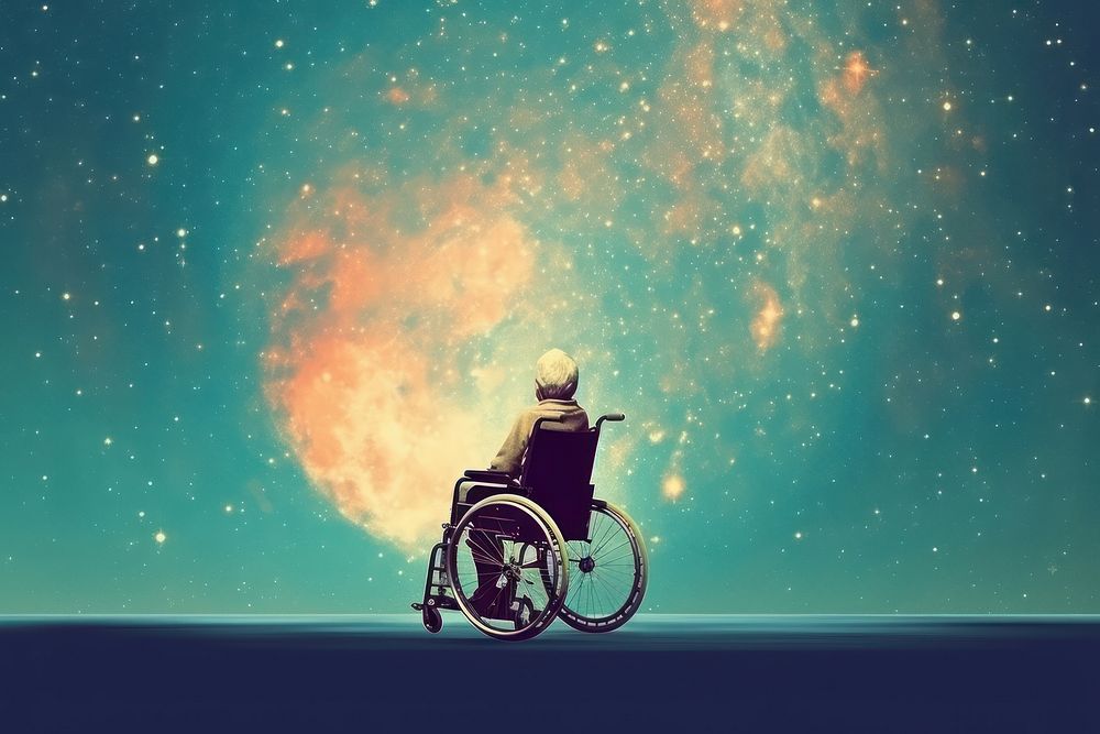 Collage Retro galaxy cool Senior sitting wheelchair fly to the moon astronomy adult illuminated.