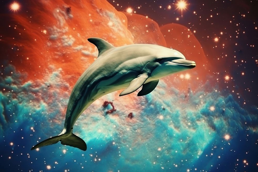 Collage Retro galaxy Dolphin jumping dolphin astronomy animal.