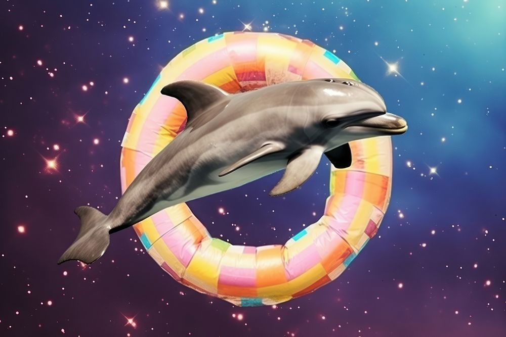 Collage Retro galaxy Dolphin wearing swim ring dolphin animal mammal.