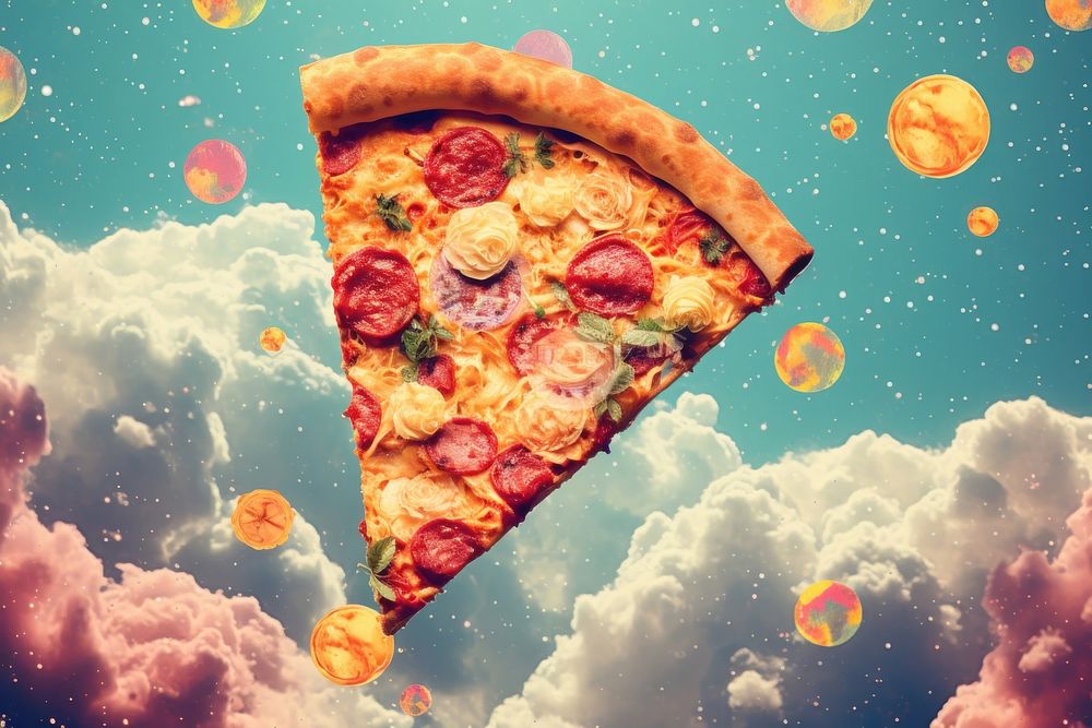 Collage Retro galaxy pizza astronomy food advertisement.