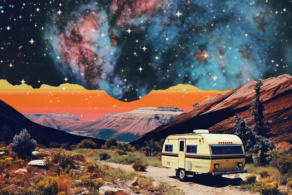 Collage Retro Galaxy scout camping astronomy vehicle galaxy.