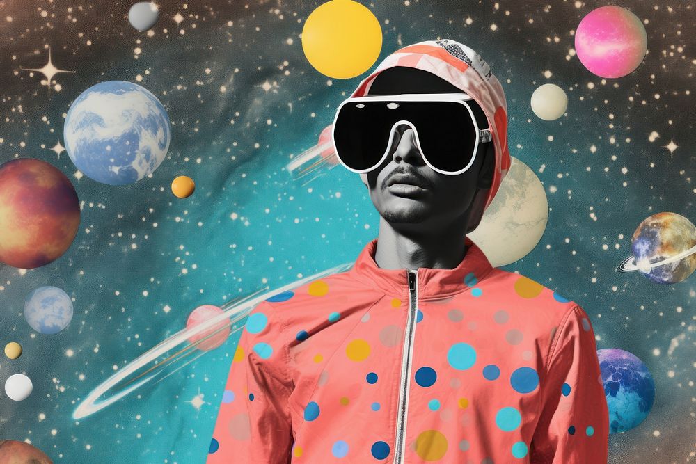 Collage Retro galaxy sportwear exercise astronomy sunglasses portrait.