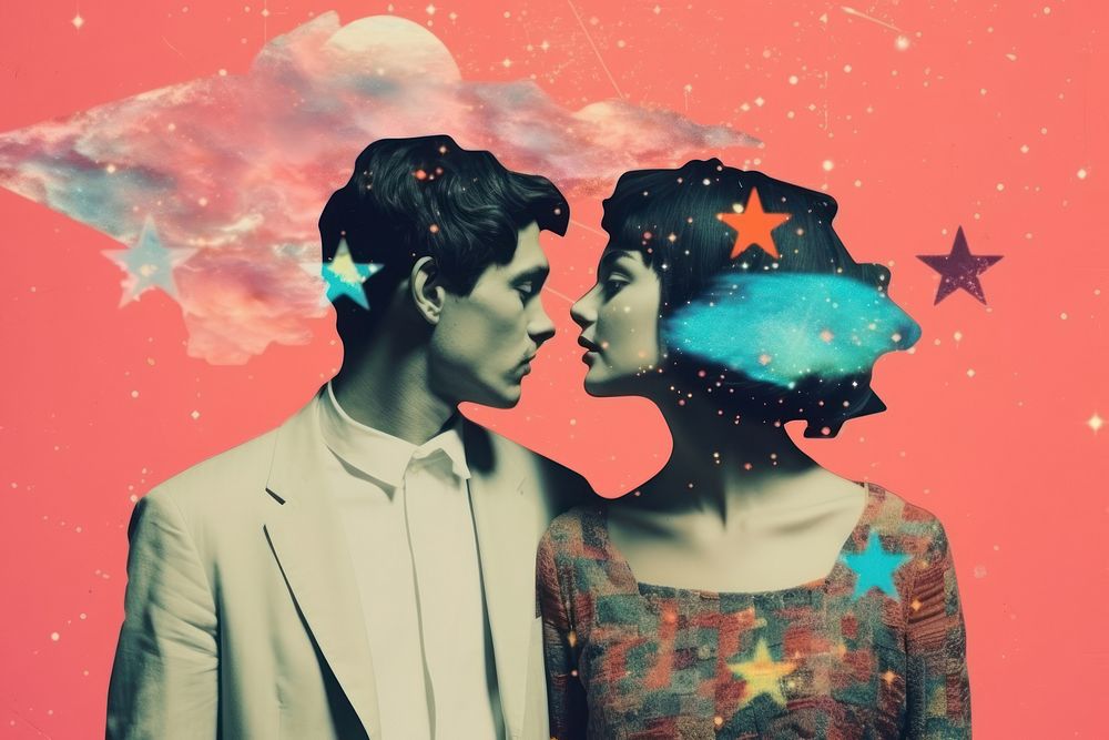 Collage Retro Galaxy teenager dating portrait surreal adult.