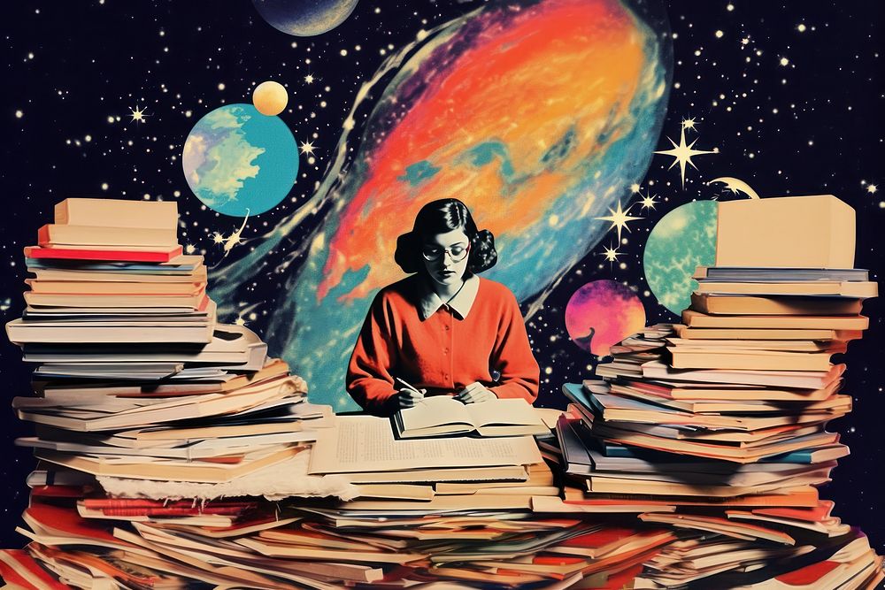Collage Retro Galaxy teenager studying art publication astronomy.