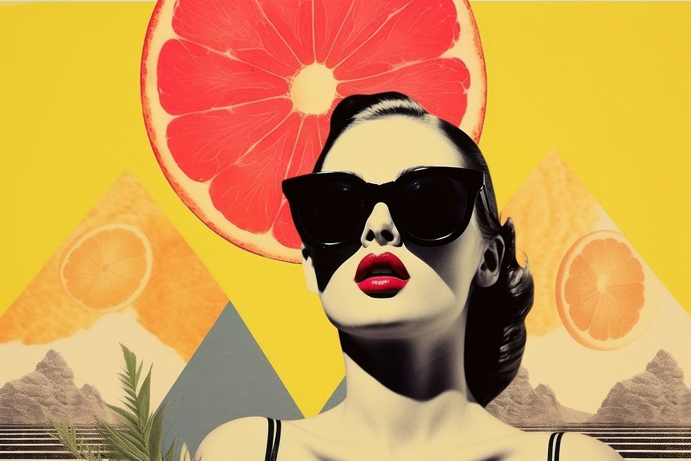 Collage Retro dreamy adult sunglasses grapefruit portrait.