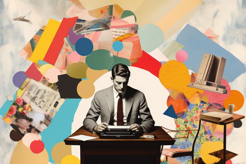 Collage Retro dreamy business man working collage art painting.