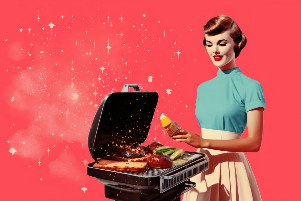 Collage Retro dreamy barbeque cooking adult food technology.