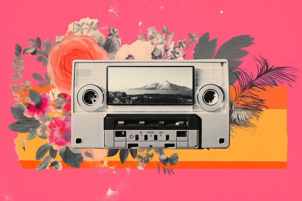 Collage Retro dreamy cassette world electronics plant technology.