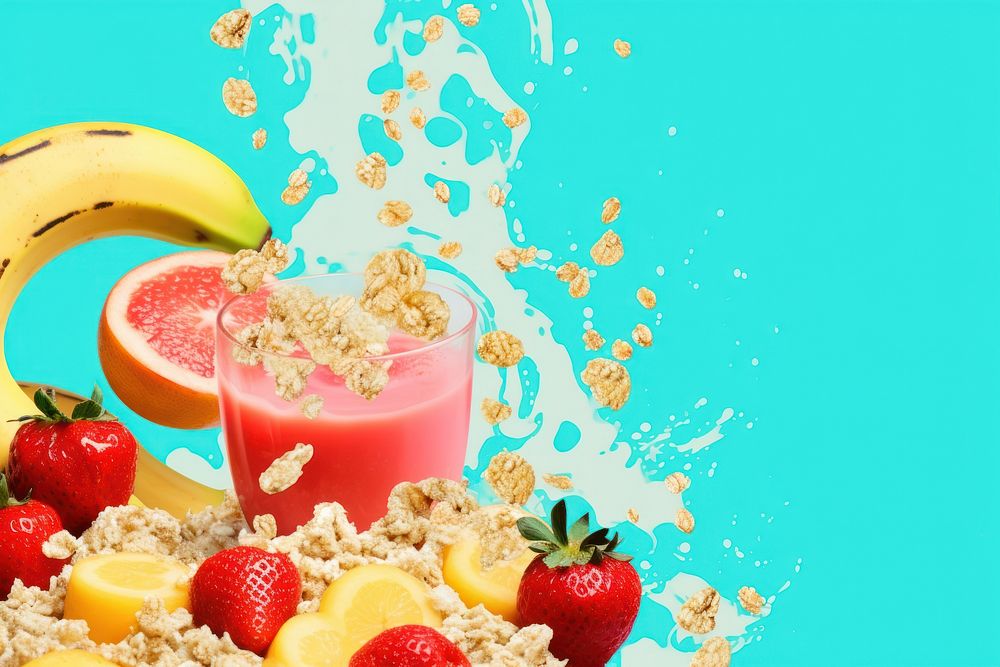 Collage Retro dreamy cereal and milk strawberry grapefruit banana.