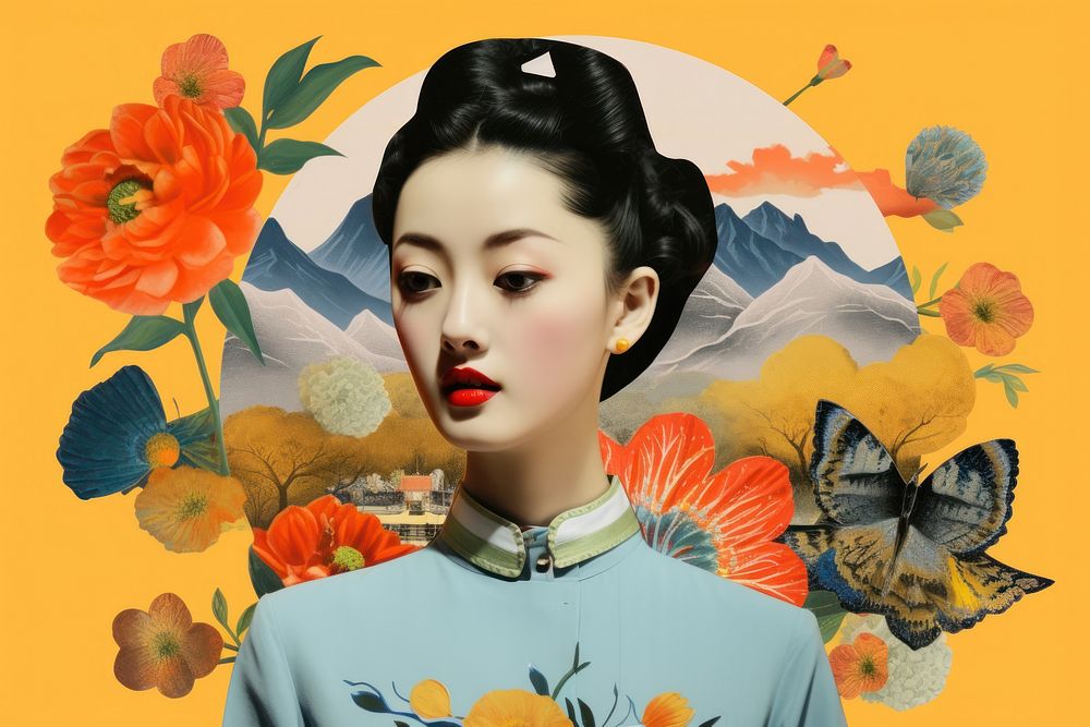 Collage Retro dreamy chinese culture portrait fashion flower.
