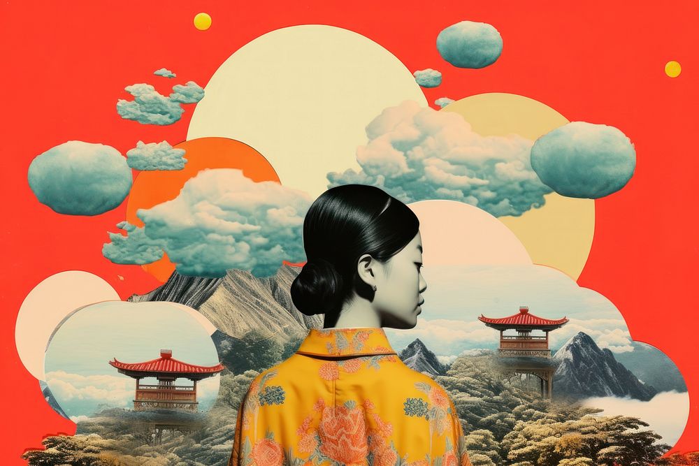 Collage Retro dreamy chinese culture art kimono adult.