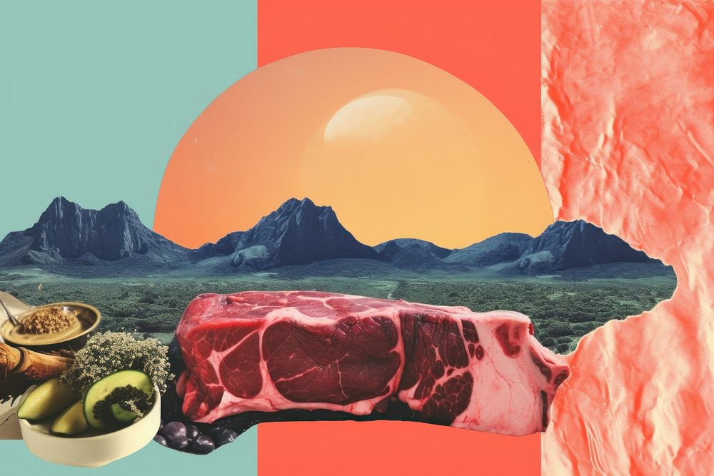 Collage Retro dreamy cooking steak mountain nature plant.