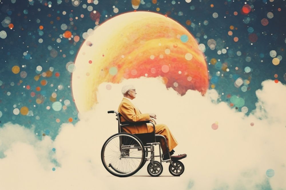 Collage Retro dreamy cool Senior sitting wheelchair fly to the moon adult furniture universe.