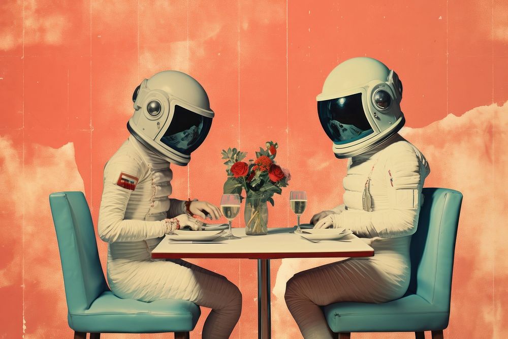 Collage Retro dreamy dating dining furniture astronaut helmet.