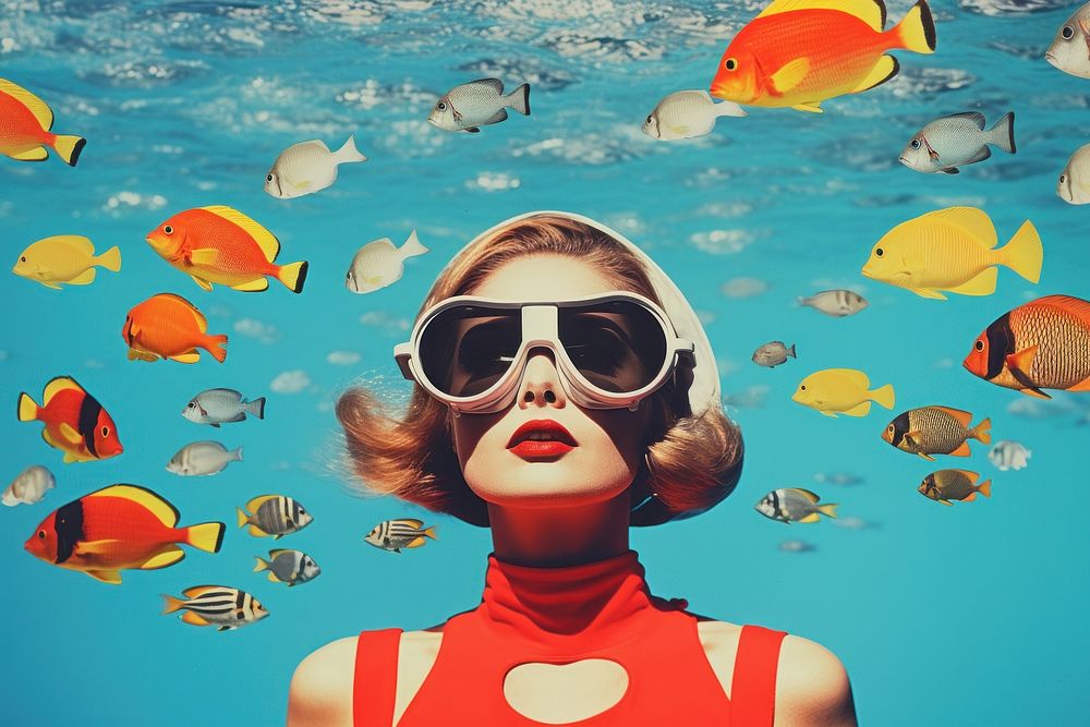 Collage Retro dreamy diver wear snorkeling sunglasses swimming portrait.