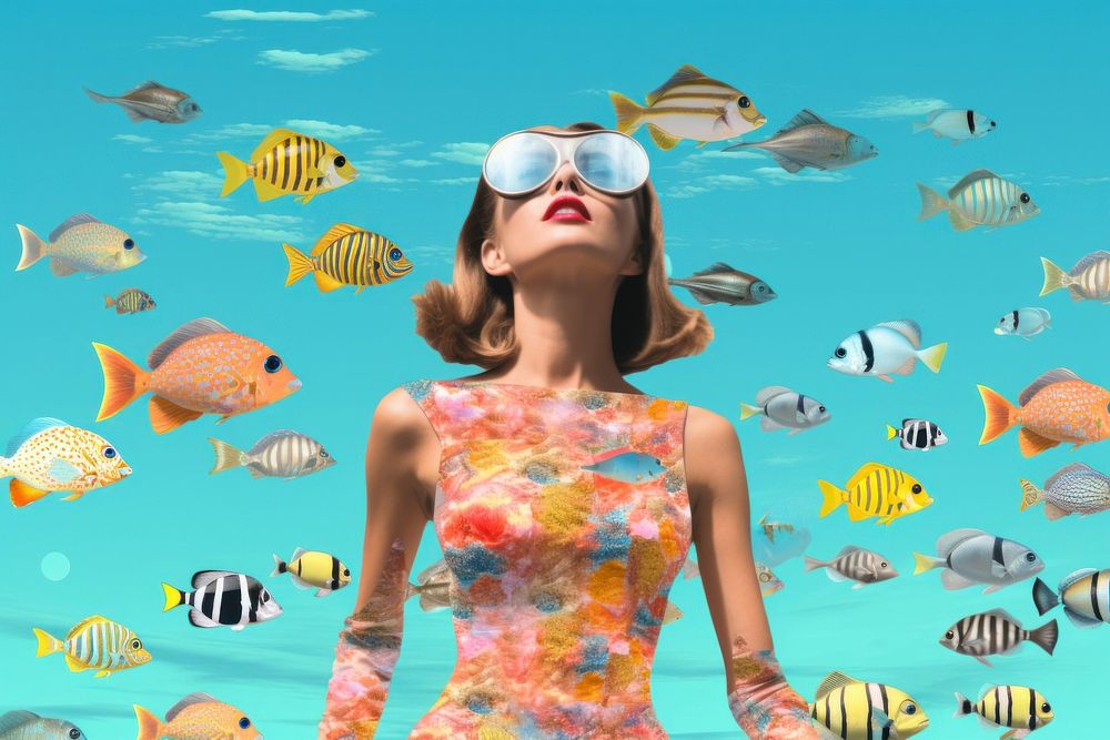 Collage Retro dreamy diving wear snorkeling underwater swimming outdoors.