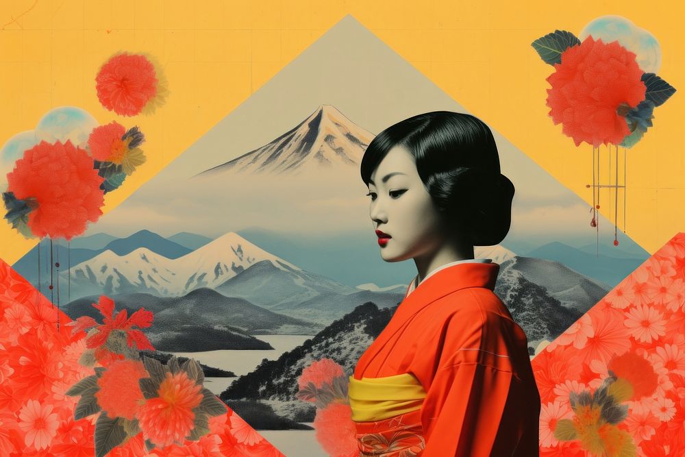 Collage Retro dreamy east asian art painting kimono.