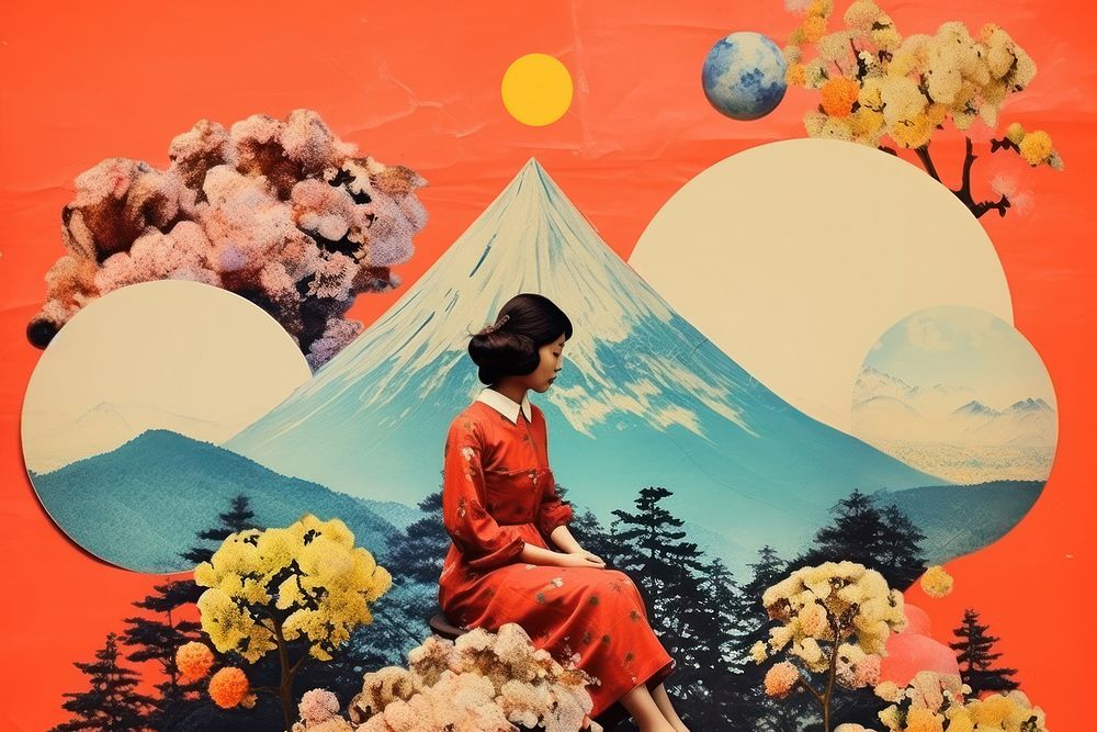 Collage Retro dreamy east asian art painting flower.