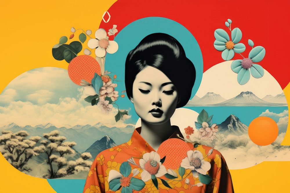 Collage Retro dreamy east asian art portrait fashion.